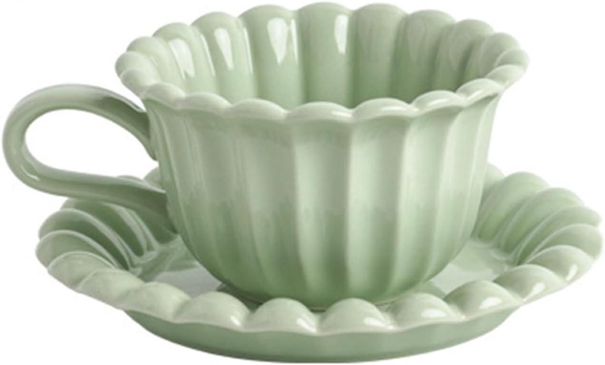 Provento - Keramische koffiemok - cappuccino kop en schotel set - ontbijt kop - thee melk beker - groen - creatief design - cadeau idee - 250 ml