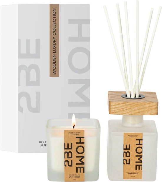 2BEHOME Geurkaars & Geurstokjes Set - White Musk - Huisparfum - Fragrance Sticks - Luchtverfrisser - Geurverspreider - Geurkaarsen Geschenkset - Geur Kaars - Wooden Luxury Collection - Wit
