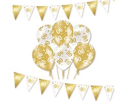 Q2P - 90 Jaar - Slingers - Ballonnen - Wit & Goud Set - Verjaardag Versiering - Helium Ballon