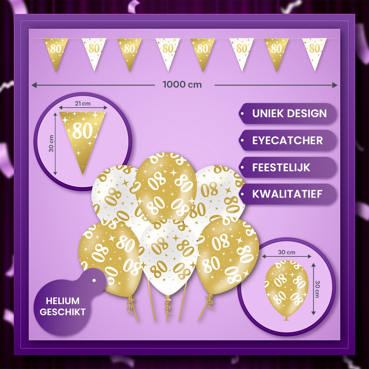 Q2P - 80 Jaar - Slingers - Ballonnen - Wit & Goud Set - Verjaardag Versiering - Helium Ballon — afbeelding 2
