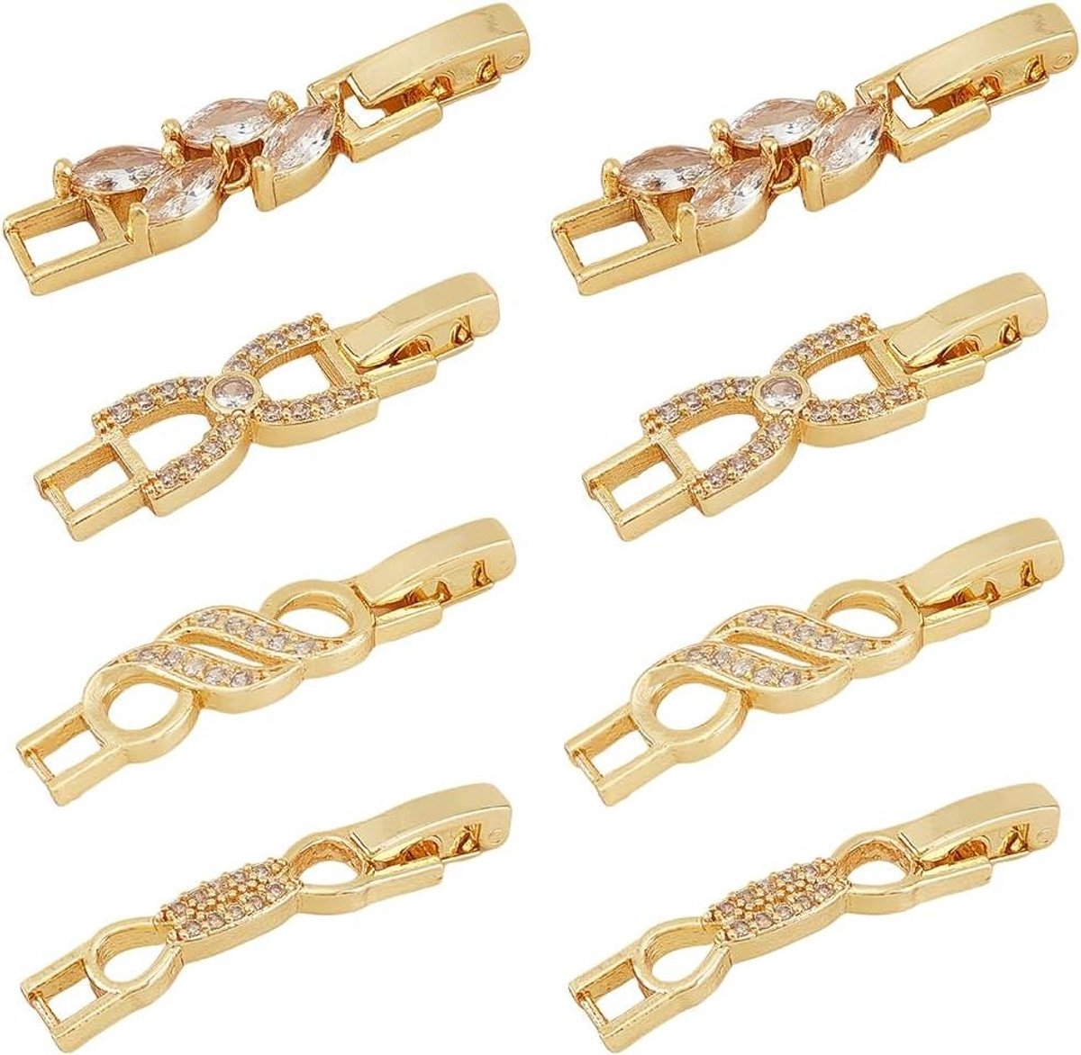 Provento - Vergulde vouwsluitingen voor armband en ketting, 8 stuks, 4 stijlen, met zirkonia - Sieraden maken met armbandketting extender, 2 stuks per stijl