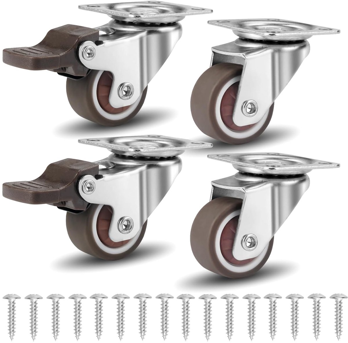 Set van 4 zwenkwielen - 25 mm - 2 met remmen + 2 zonder remmen - capaciteit 60 kg - zwenkwielen voor salontafels - plantenrekken