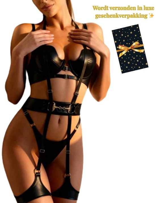 Kinky Lingerie Set Dames – Zwart Lak Lingeriesetje met Jarretels – Sexy PU  Wetlook