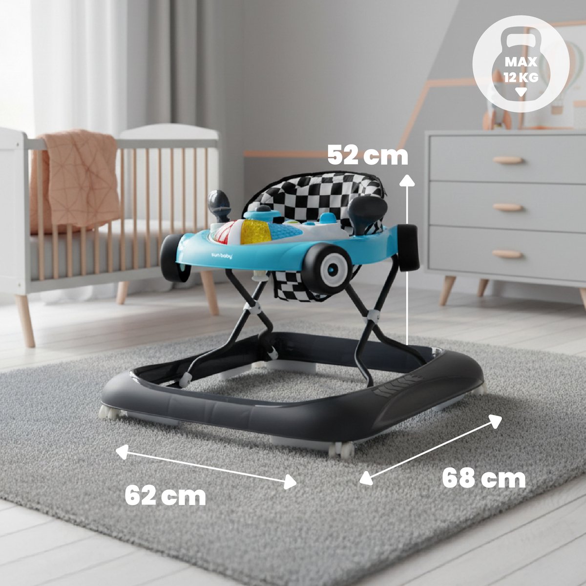 sun baby Loopstoel, baby walker vanaf 6 maanden, verstelbare hoogte, rubberen wielen - Turkoois-Zwart – foto 5