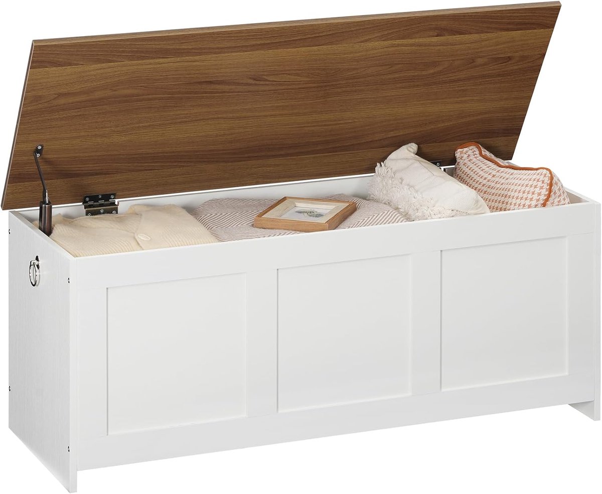 Kisten, zitbank met opbergruimte, speelgoedkist met deksel, 100 cm opbergkist, kist met veiligheidsscharnier, entree, slaapkamer, woonkamer, wit en walnoot
