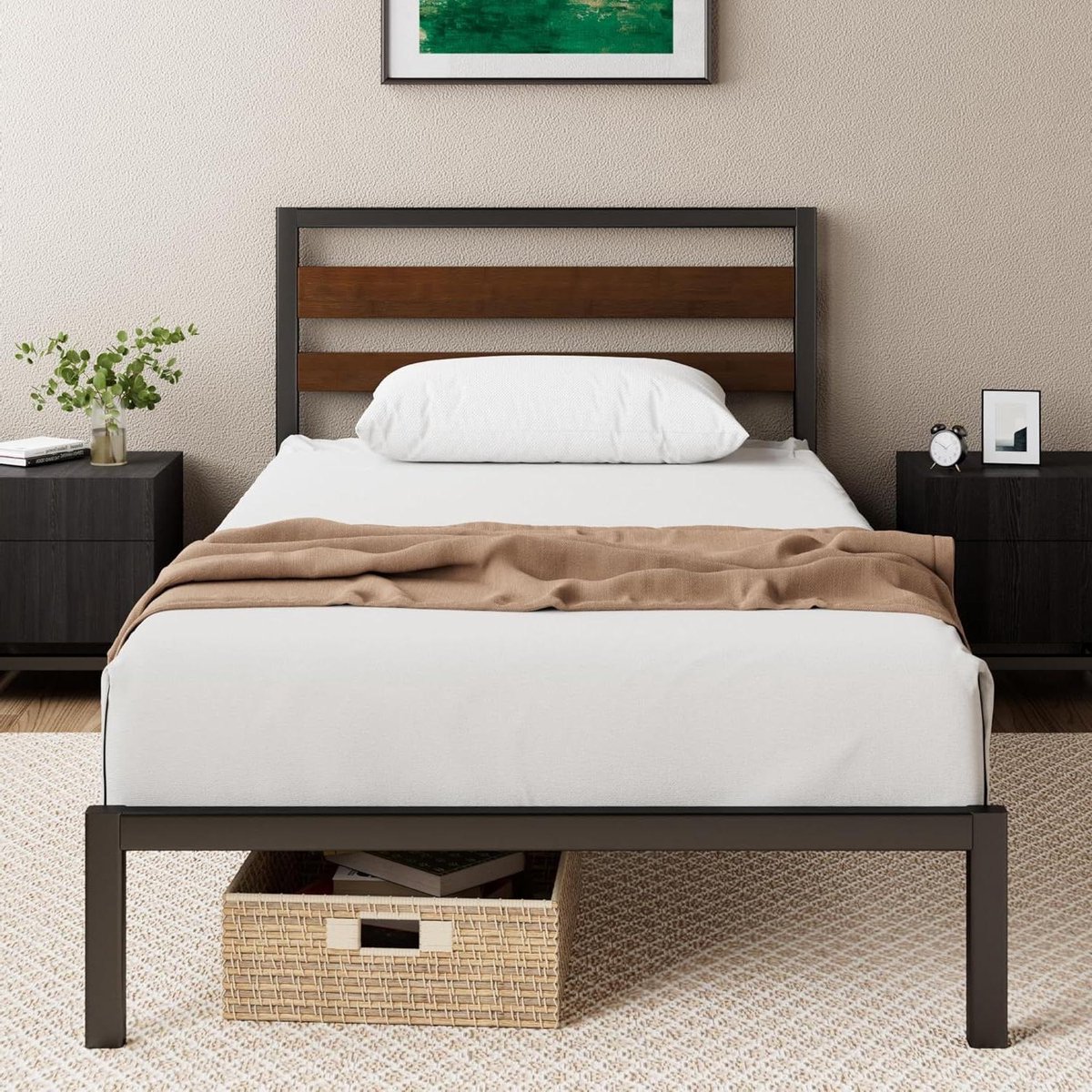Provento - Bedframe van bamboe en metaal - 90 x 200 cm - Hoofdeinde - Lattenbodem - Eenvoudige montage - Zwart/Bruin - Duurzaam - Vrije ruimte