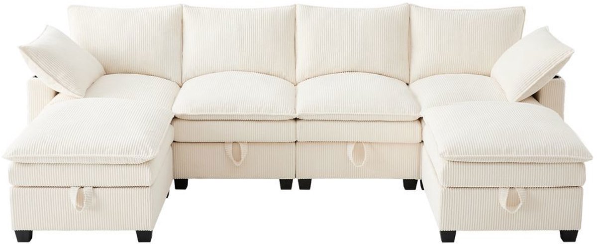 KOMHTOM L-hoekbank met corduroy bekleding afneembare voetensteun USB-poorten en bekerhouders beige