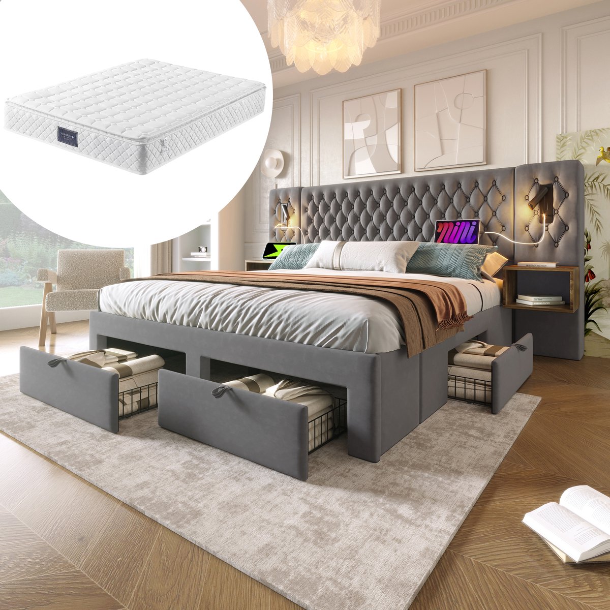 REDOM Polsterbed 160x200 cm – Velours grijs – Met 2 nachtkastjes, 4 lades & leeslampen – C