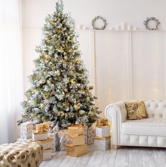 AG Kunstkerstboom met verlichting & kerstversiering - Sneeuw -210 cm - 1150 Takken - Zeer Dicht Takkenstelsel - 1 Taksoort - Eenvoudige Opbouw Zonder Gereedschap - Wit - Kunstkerstboom Net Echt - Volle Kerstboom