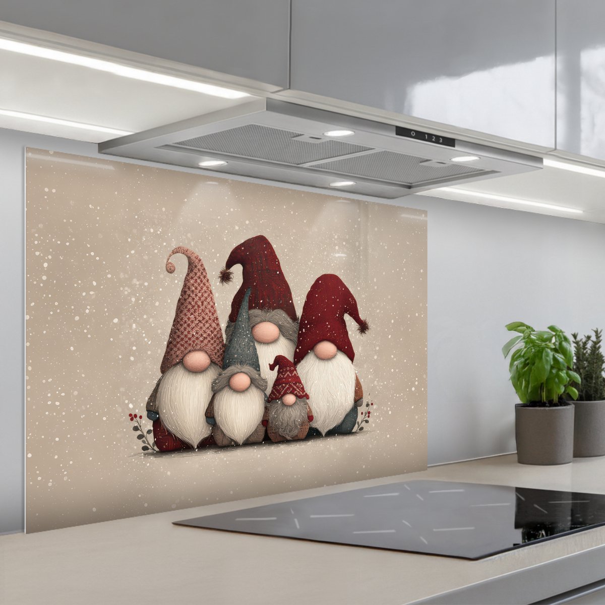 Spatscherm 80x55 cm - Zelfklevende achterwand Kabouters - Kerst - Sneeuw - Puntmutsen - Keuken muurbeschermer - Spatwand fornuis