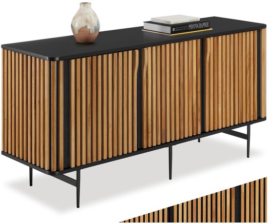 tectake® Dressoir Lineo - 156 x 45,5 x 74 cm - Houten Kast met Lamellenlook - 3 Opbergvakken met Magnetische Deuren en Tussenplanken - TV-Meubel - Opbergkast - Keukenkast - Commode