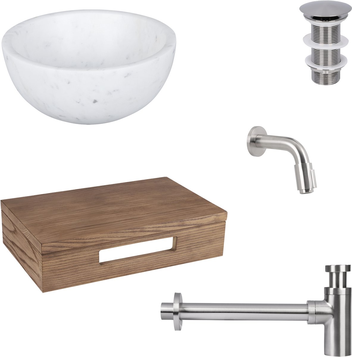 Differnz Ruz fonteinset - waskom marmer - muurkraan 11 cm mat chroom - inclusief wastafelplank donker eiken