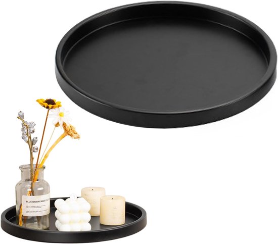 Plateau décoratif - 29 cm - Zwart - Rond - Plateau en métal pour Bougies parfumées - Décoration de table - Kom décoratif pour salon - salle de bain - table à manger - Décoration
