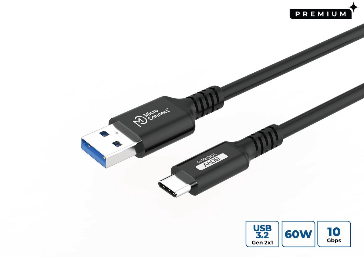 Microconnect USB3.2AC1 USB-kabel 1 m USB 3.2 Gen 2 (3.1 Gen 2) USB C USB A Zwart