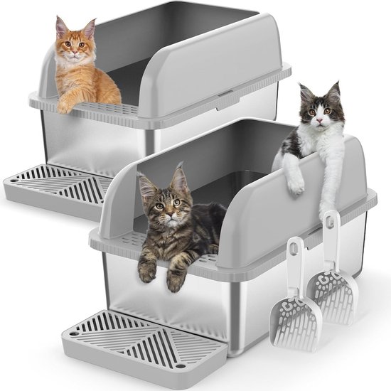 Roestvrijstalen Kattenbak, XL Extra Groot voor Grote Katten, Lekvrij, Eenvoudige Reiniging, Capaciteit van 24 Liter, Diep Gebogen Hoge Zijkanten, Antiaanbaklaag, Ideaal voor (GREY