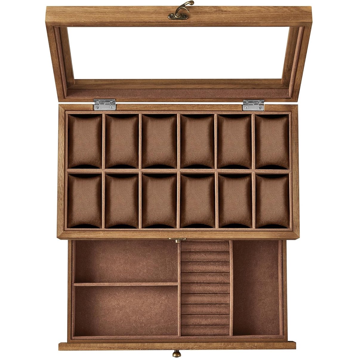 12-vaks dubbele houten horlogedoos, sieradendoos, juweelendisplaybox met groot glazen deksel, horlogekussentjes en fluwelen voering, stevig houten frame en zachte fluwelen binnenkant, 19 × 34 × 12,5 cm, naturel.