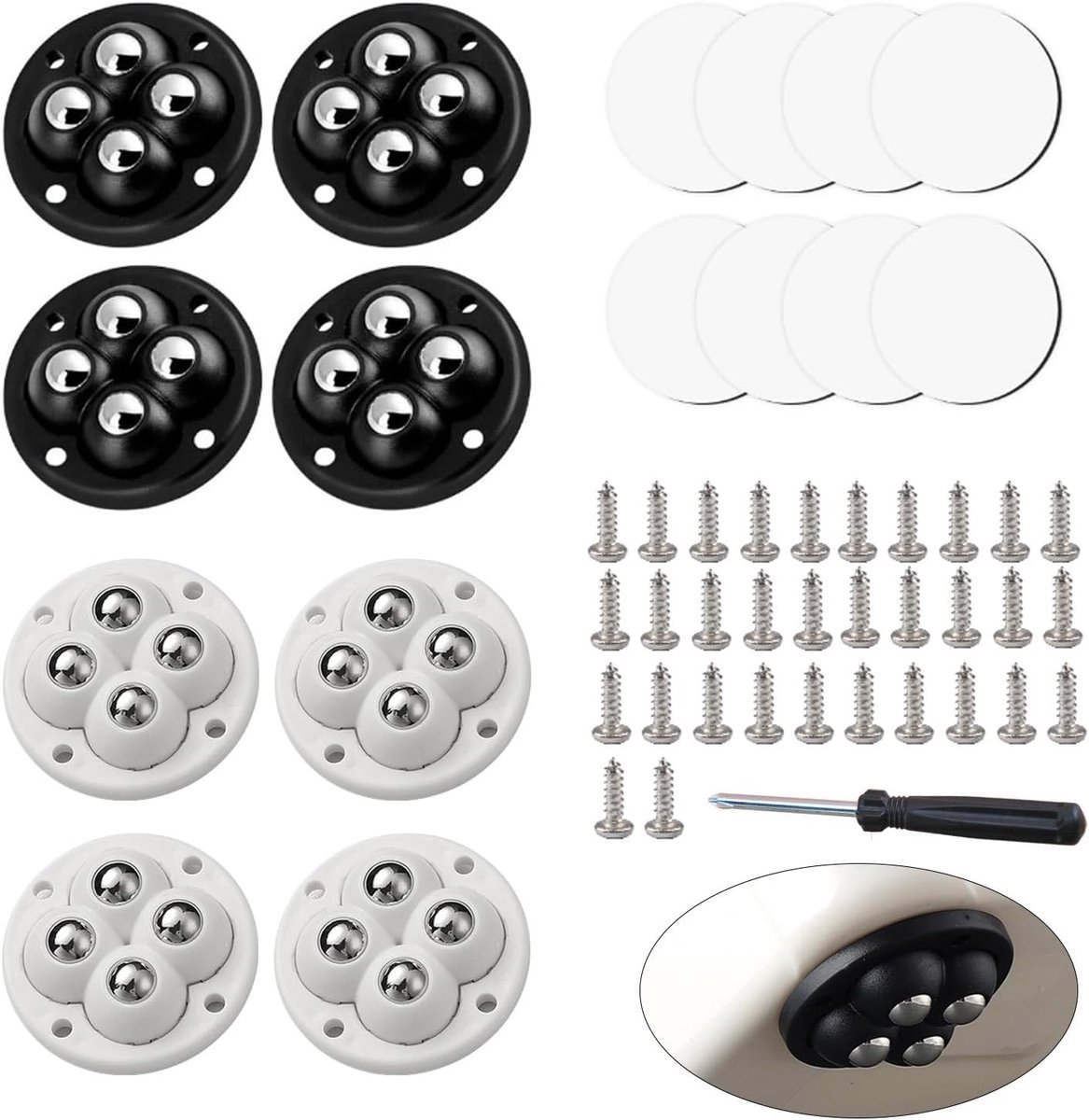 8 Pieces Kleine Meubelwielen - Zelfklevende Meubelrollen met Kogellagers - Inclusief Schroeven en Schroevendraaier voor Stil Bewegen van Zware Opbergdozen en Tafels