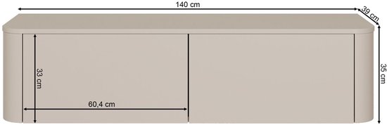 Afmetingen van een beige tv-meubel: 140 cm breed, 39 cm diep, 35 cm hoog.
