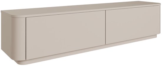 Okergeel tv-meubel met twee deuren, zwevend of staand te monteren, schuine aanzicht.