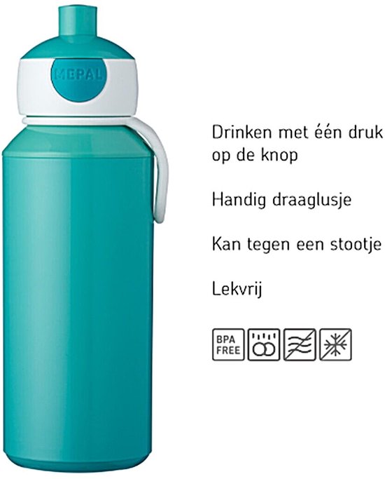 Gourde Mepal turquoise avec bouton-poussoir, boucle de transport et texte. Avec icônes pour sans BPA, étanche, lavable au lave-vaisselle.