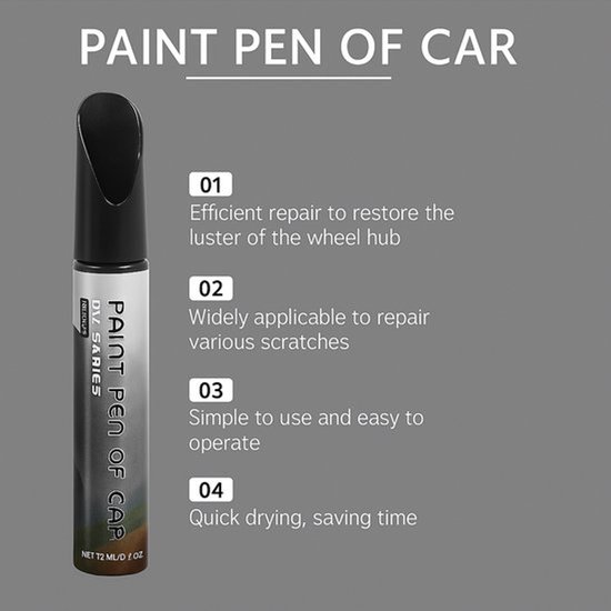Zwarte lakstift met tekst 'PAINT PEN OF CAR' en vier informatiepunten.
