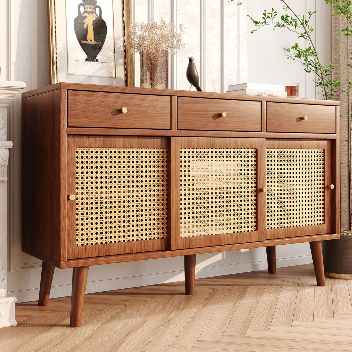 OKWISH Dressoirs 120x40x78 - Elegant Dressoir Kast Met Houten Poten - Retro Stijl - MDF - Bruin