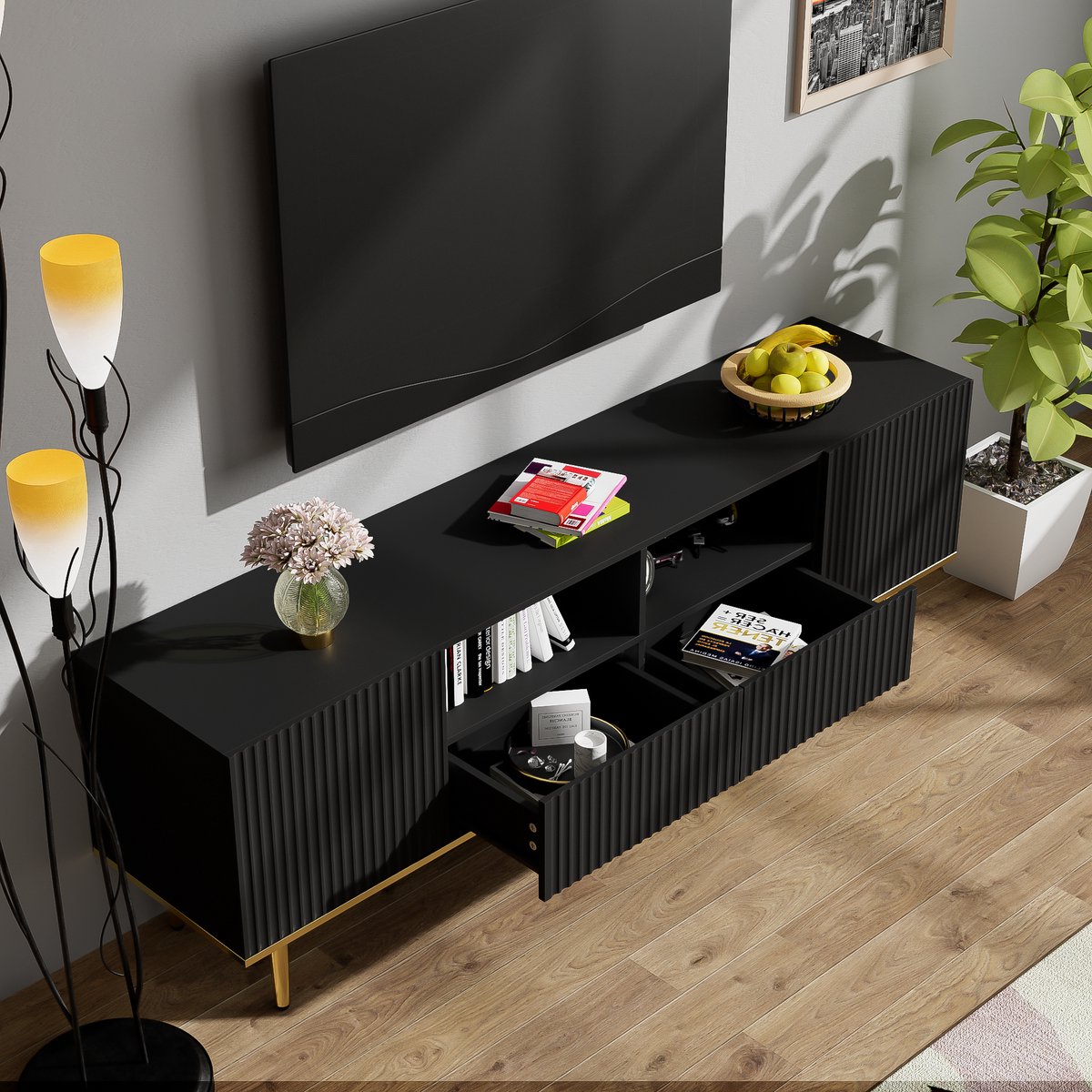 OKWISH TV-kasten 165x36x55 cm - TV meubel Met Opbergruimte - 2 Deuren En 2 Lades - Modern 