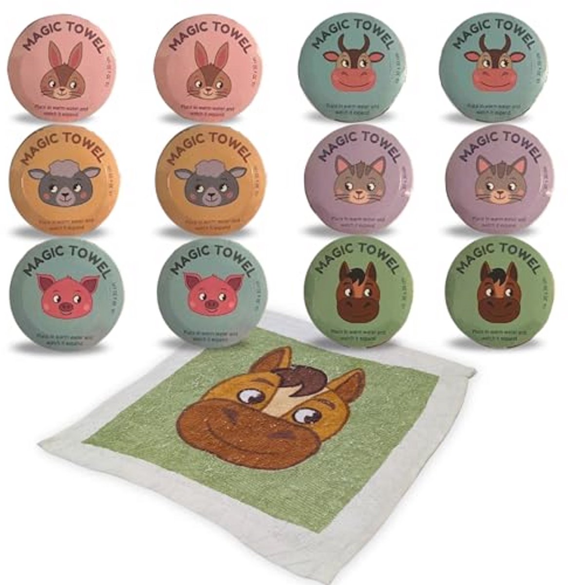 Set van 12 magische katoenen washandjes voor kinderen - Boerderij thema - 30 x 30 cm - per