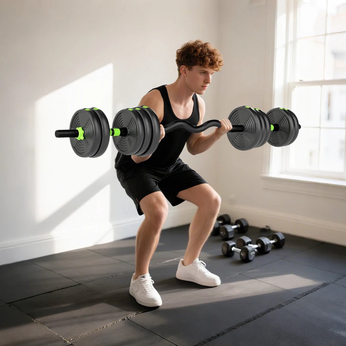 3-in-1 Verstelbare Dumbbells, Halter & Kettlebell Set - Gewichten Set met 12 Schijven: 4 x 2 kg, 4 x 1,5 kg, 4 x 1,25 kg- 20 KG Verstelbare Halterset - Thuis Fitness - Thuisgym - Zwart/Groen – foto 3