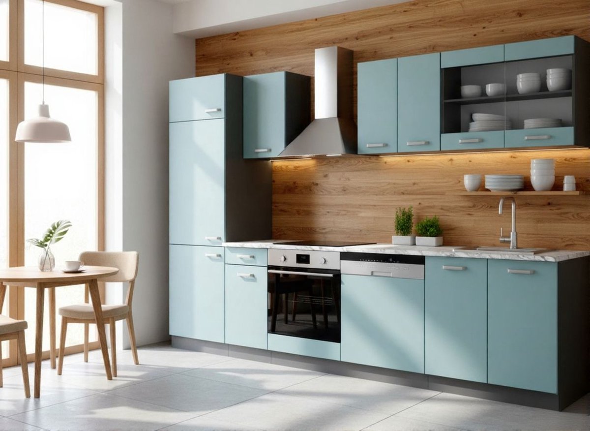 Keukenblok 300 cm Blauw-Grijs / Antraciet met Wit Marmer Werkblad – Complete Keukeneenheid met Boven- & Onderkasten, Softclose Deuren en Moderne Look – Novihome