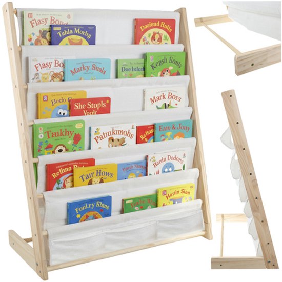 MOZY® - Bibliothèque en bois - Chambre d'enfant - 6 compartiments en tissu - 79 x 62,5 x 30 cm - Bibliothèque pour enfants - Étagère à livres - Bibliothèque Montessori