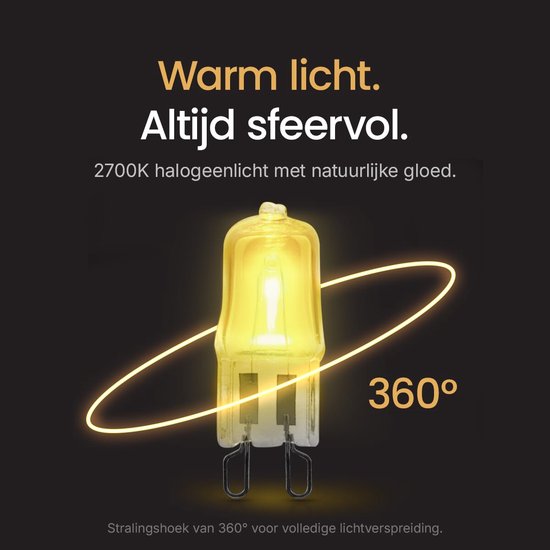 G9 halogeenlamp, 2700K warm wit met 360 graden stralingshoek.