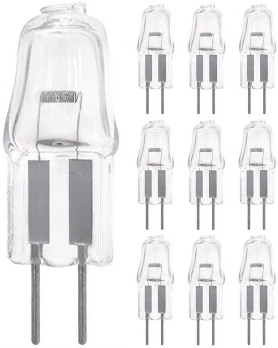 Een grote G4 halogeenlamp naast acht kleinere exemplaren.
