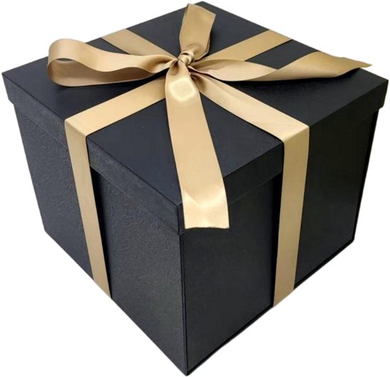 Geschenkdoos met deksel, 25 x 18 x 8,5 cm, geschenkdoos met strik, geschenkdoos met deksel, wenskaarten, voor bruiloft, verjaardag, Kerstmis, zwart