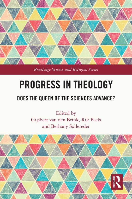 Boek met kleurrijke driehoekige patronen in rood, blauw, groen en geel. Titel: PROGRESS IN THEOLOGY.