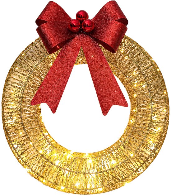Kerstkrans - Buiten LED Kerstkrans - Geschikt voor voordeuren - Werkt op batterijen - Grote boog - Niet waterdicht - Binnen- en buitenpatiodecoratie - Geschikt voor deuren, tuinen, muren en poorten - Goud 40cm