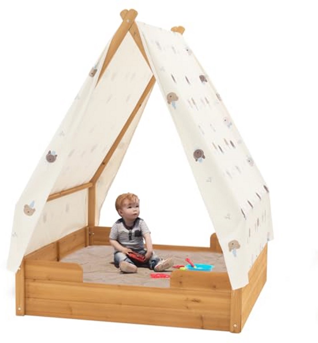 Driehoekige houten zandbak met luifel voor kinderen van 3-8 jaar