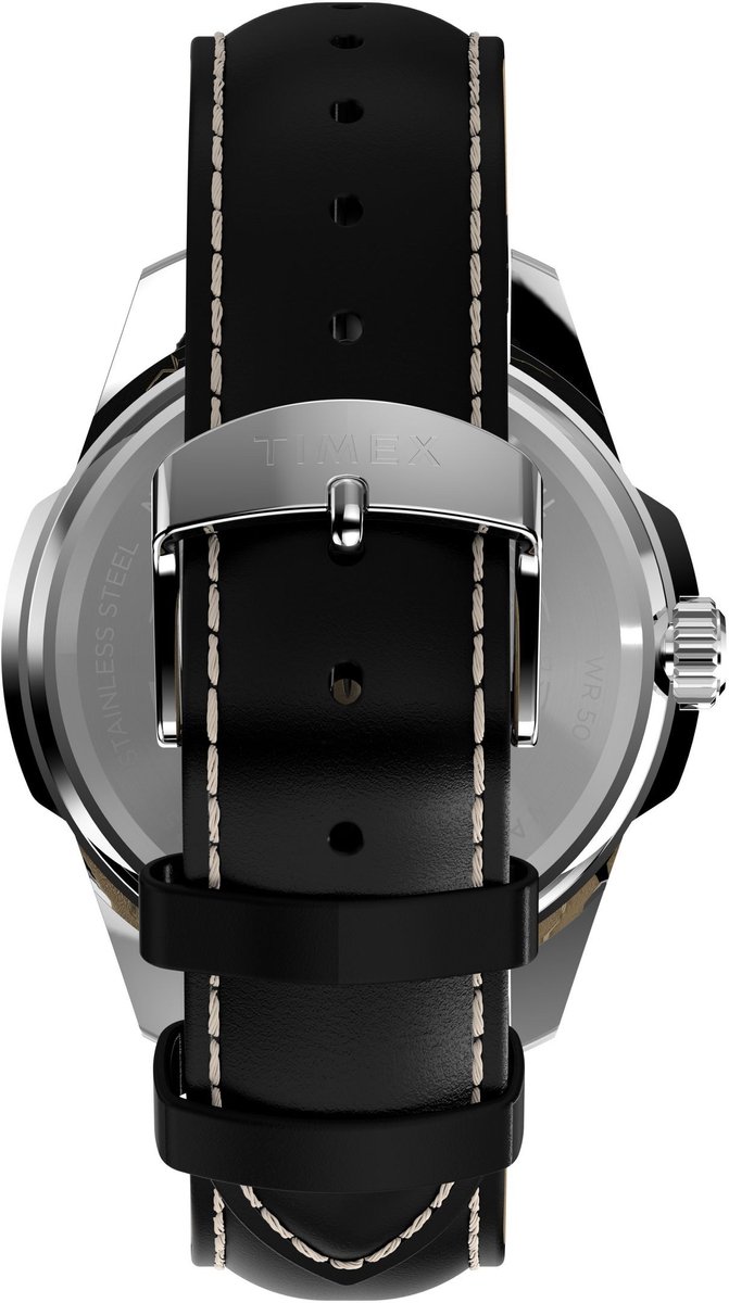 Timex Essex Quartz Analoog Horloge Zwart En Zilverkleurig Kast Gemaakt Van 100% Roestvrij Staal En Een Armband Van 100% Leer 45 TW2Y20600AJ