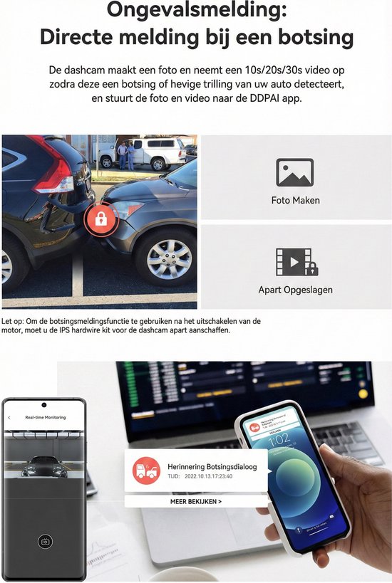 Ongevalmelding: dashcam maakt foto's en neemt video op bij botsing. Auto's botsen, telefoon toont melding.