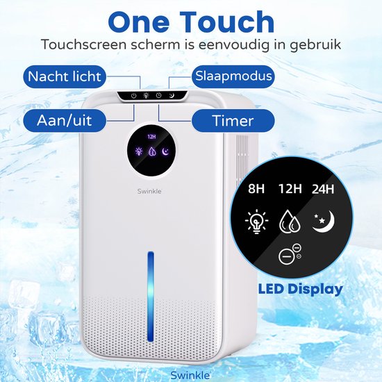 Witte luchtonvochtiger met touchscreen, 'Nacht licht', 'Slaapmodus', 'Aan/uit' en 'Timer' opties.