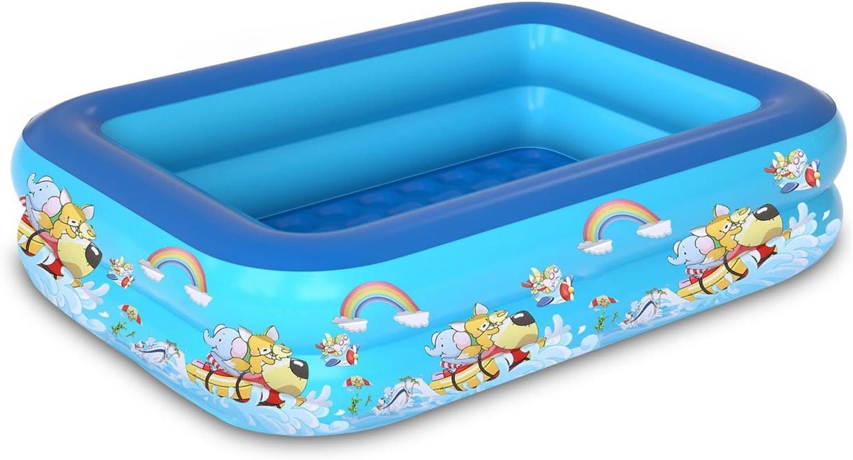 Opblaasbaar bad voor kinderen met vrolijke print, ideaal voor zomerpret in de achtertuin.