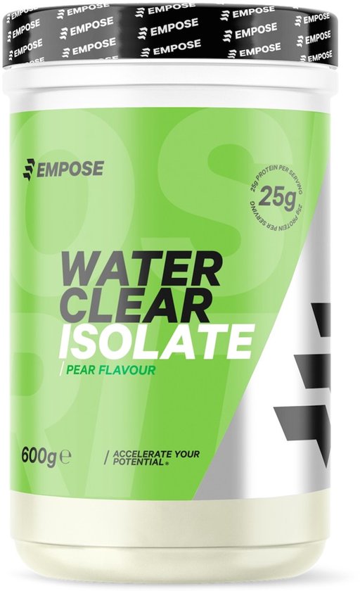 Fles water clear isolate perensmaak 600g met groene en witte opdruk en informatie over 25g eiwit per serving.