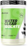 Fles water clear isolate perensmaak 600g met groene en witte opdruk en informatie over 25g eiwit per serving.