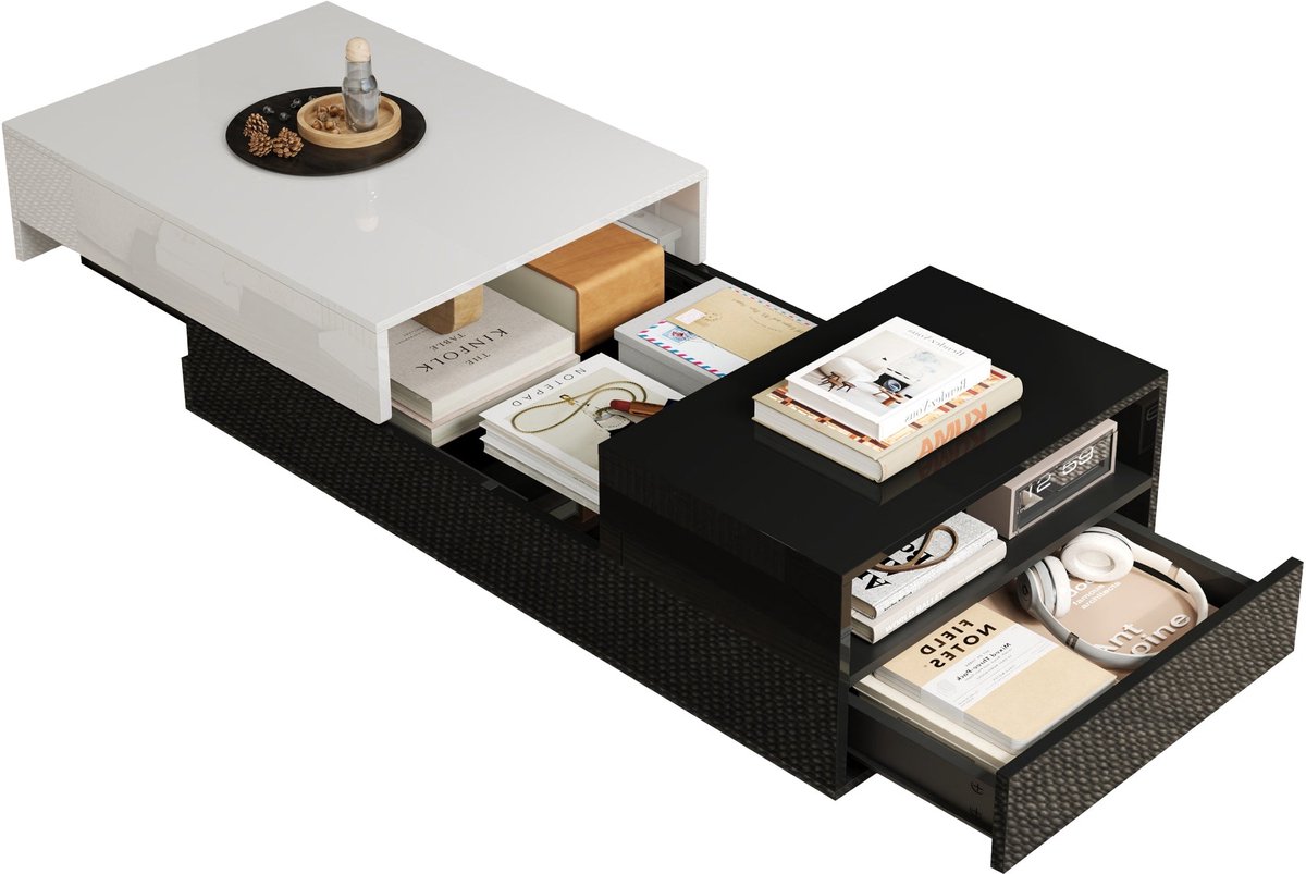 Merax Salontafel Hoogglans 100 X 50 X 38 Cm - Zwart Wit - Schuifblad - 2 Lades - Grote Opbergruimte - Moderne Woonkamertafel