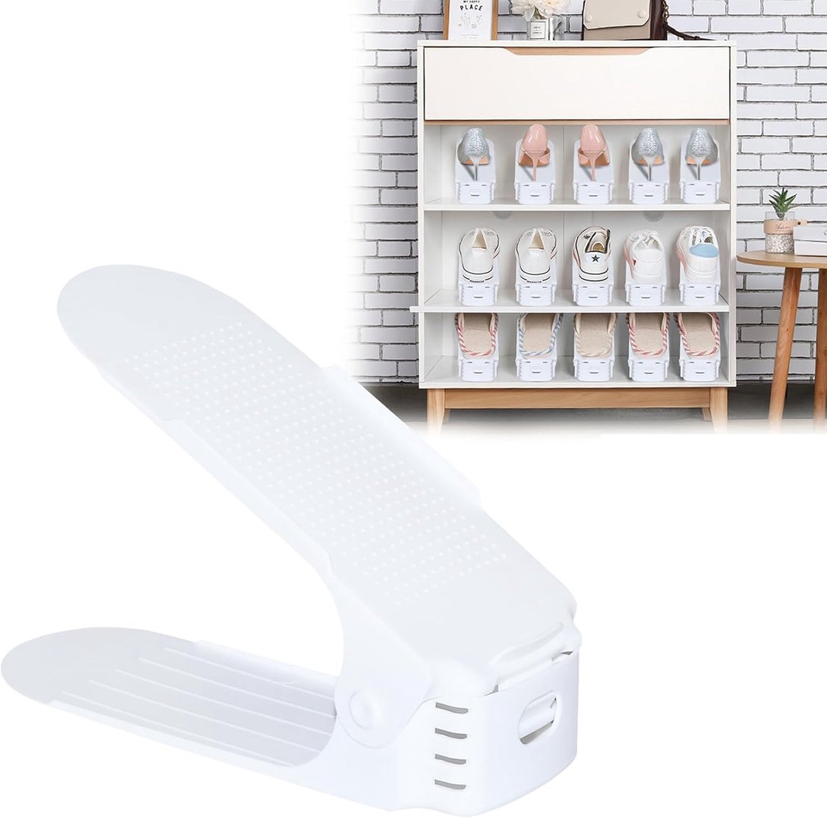 Froadp 30 stuks verstelbare schoenenrek set schoenenstapelaar schoenenhouder antislip schoenenorganizer 3 in hoogte verstelbaar, kunststof-zwart (30 stuks wit)