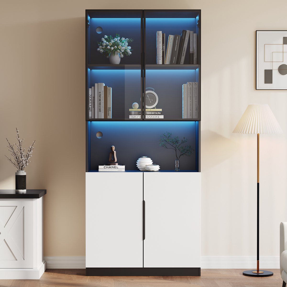 Vitrinekast - 80x30x200 cm - Glazen Deuren en LED - Instelbare Helderheid - MDF - Wit en Zwart