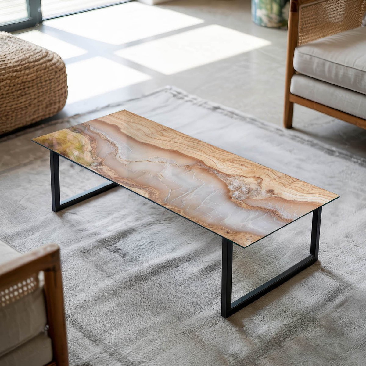 Coloray Tafelblad - Tafelblad Van Gehard Glas - 125x50 cm - Beige - Rechthoek Glazen Tafelblad - Tafelblad Buiten - Tafelblad Voor Buiten - Buiten Tafelblad - Los Tafelblad woonkamerdecoratie Beige - Natuurlijk hout- en harspatroon