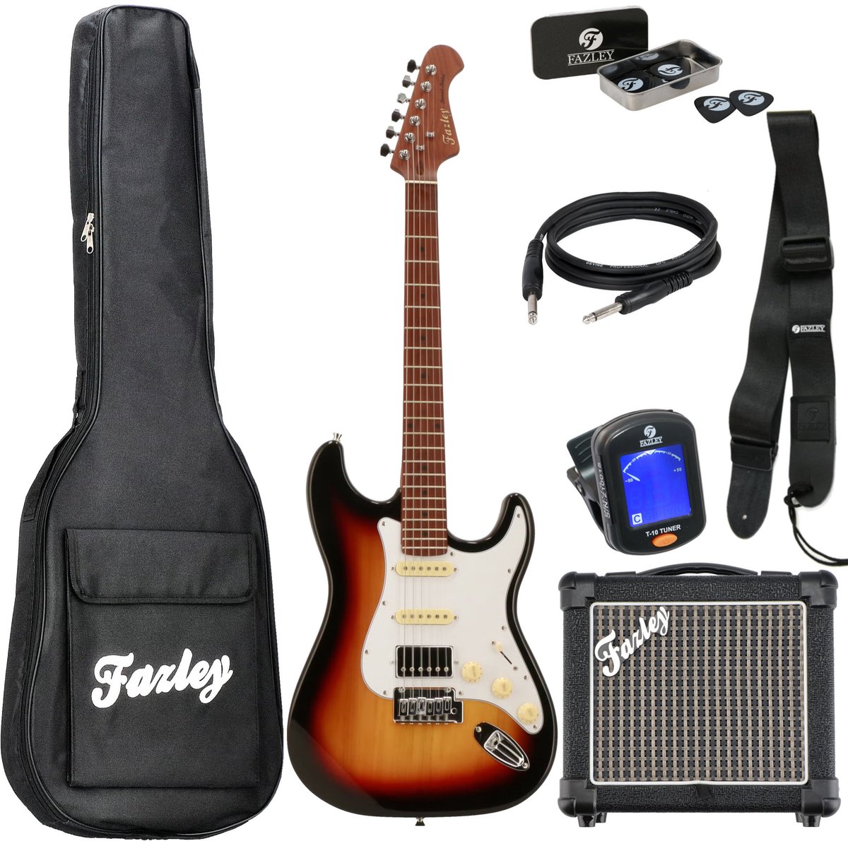 Elektrische gitaar starterset - incl. gigbag en versterker - Fazley Sunset Series Dawn - Bruin