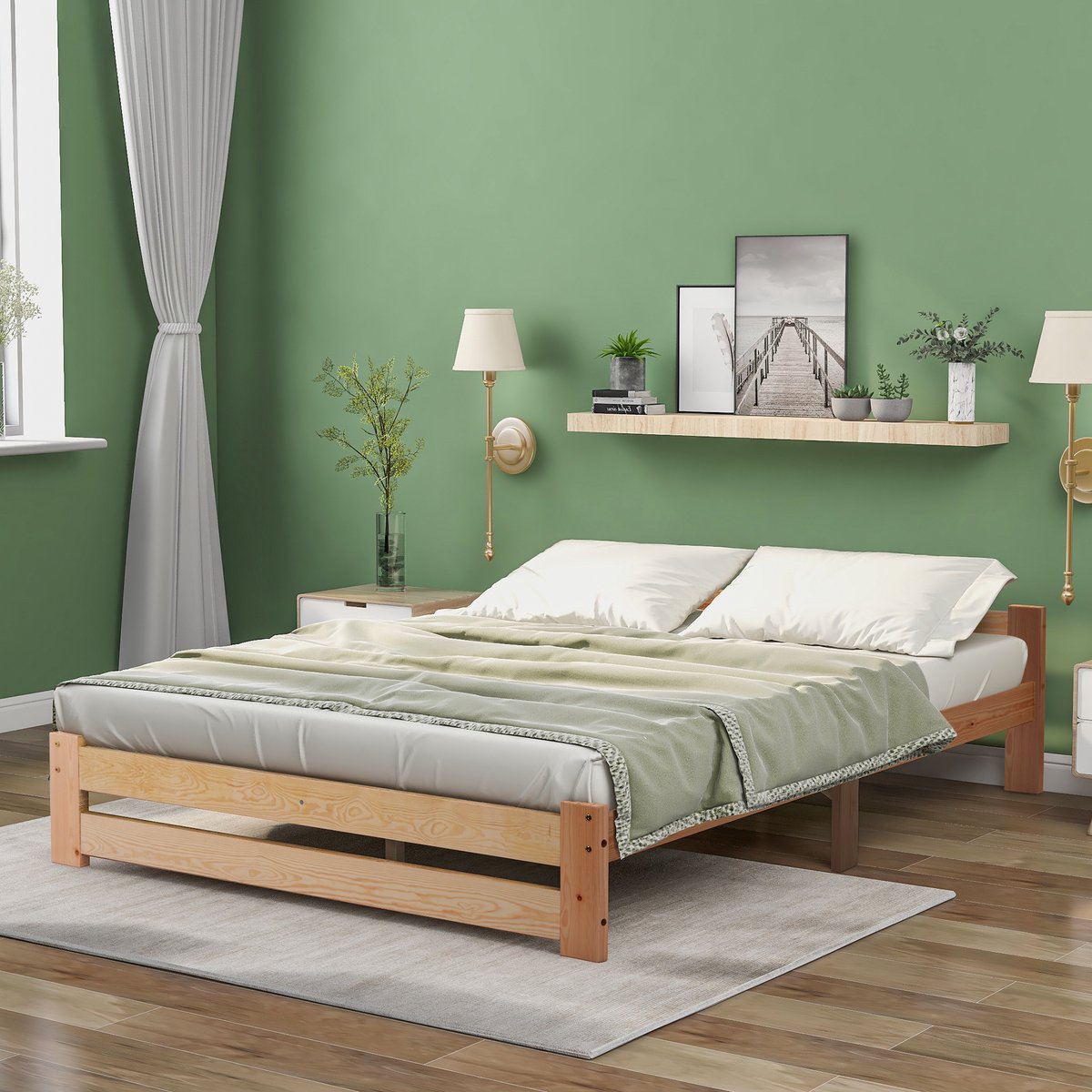 MODFU Bedframe 140x200 cm – Massief Grenenhout – Naturel – Minimalistisch & Stabiel Ontwerp – 20 cm Opbergruimte – Incl. Lattenbodem – Scandinavisch & Boho – Slaapkamer Natuurlijk
