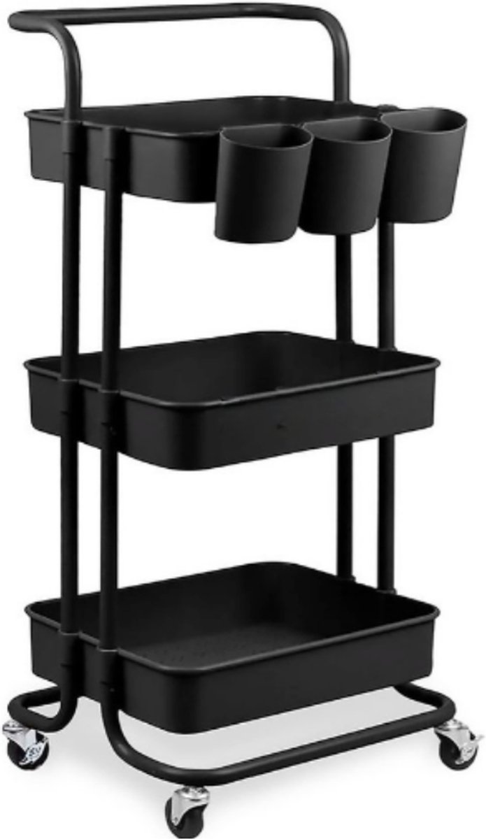 Livista Opbergtrolley met Wielen – 3-Laags Metalen Opbergwagen –met 3 Hangmanden – Multifunctioneel– Zwart
